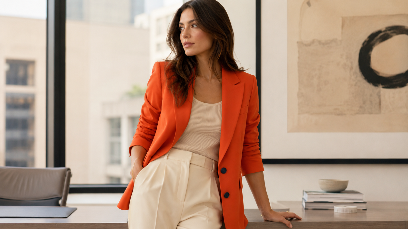 Neutral Outfit with Persimmon Blazer Pop